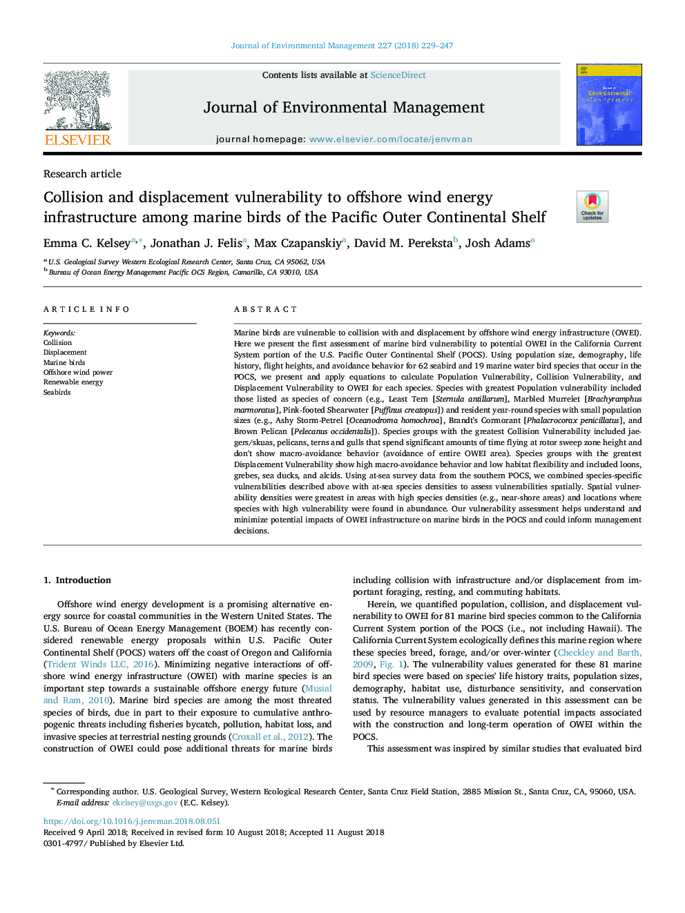 Collision and displacement vulnerability to offshore wind energy infrastructure among marine birds of the Pacific Outer Continental Shelf