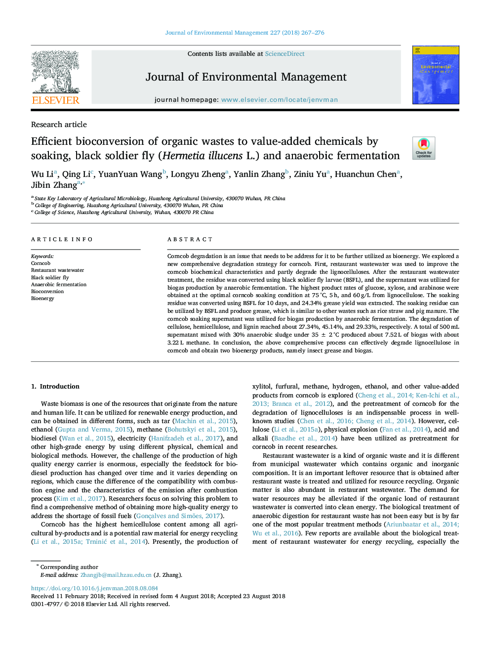 Efficient bioconversion of organic wastes to value-added chemicals by soaking, black soldier fly (Hermetia illucens L.) and anaerobic fermentation