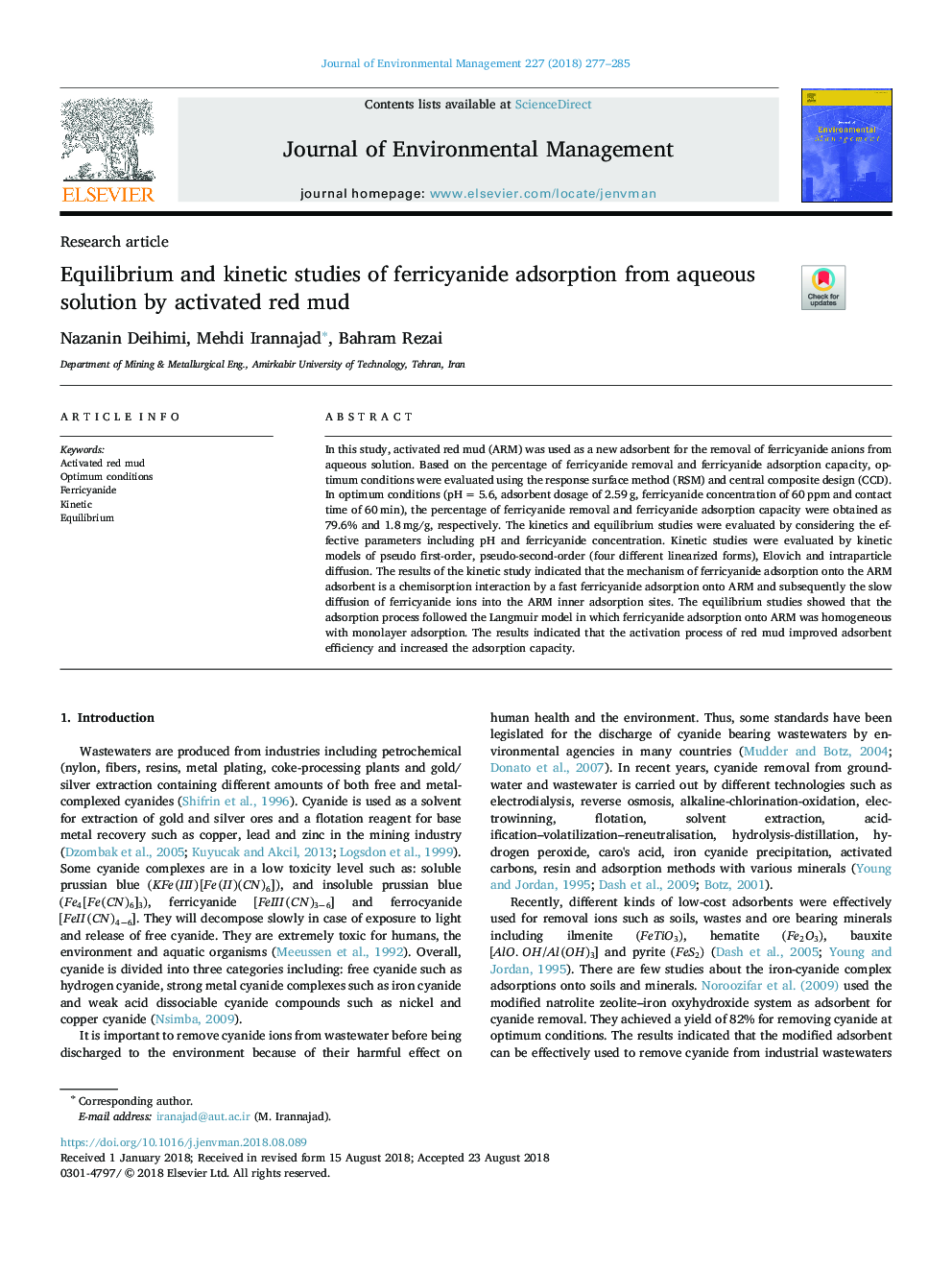 Equilibrium and kinetic studies of ferricyanide adsorption from aqueous solution by activated red mud