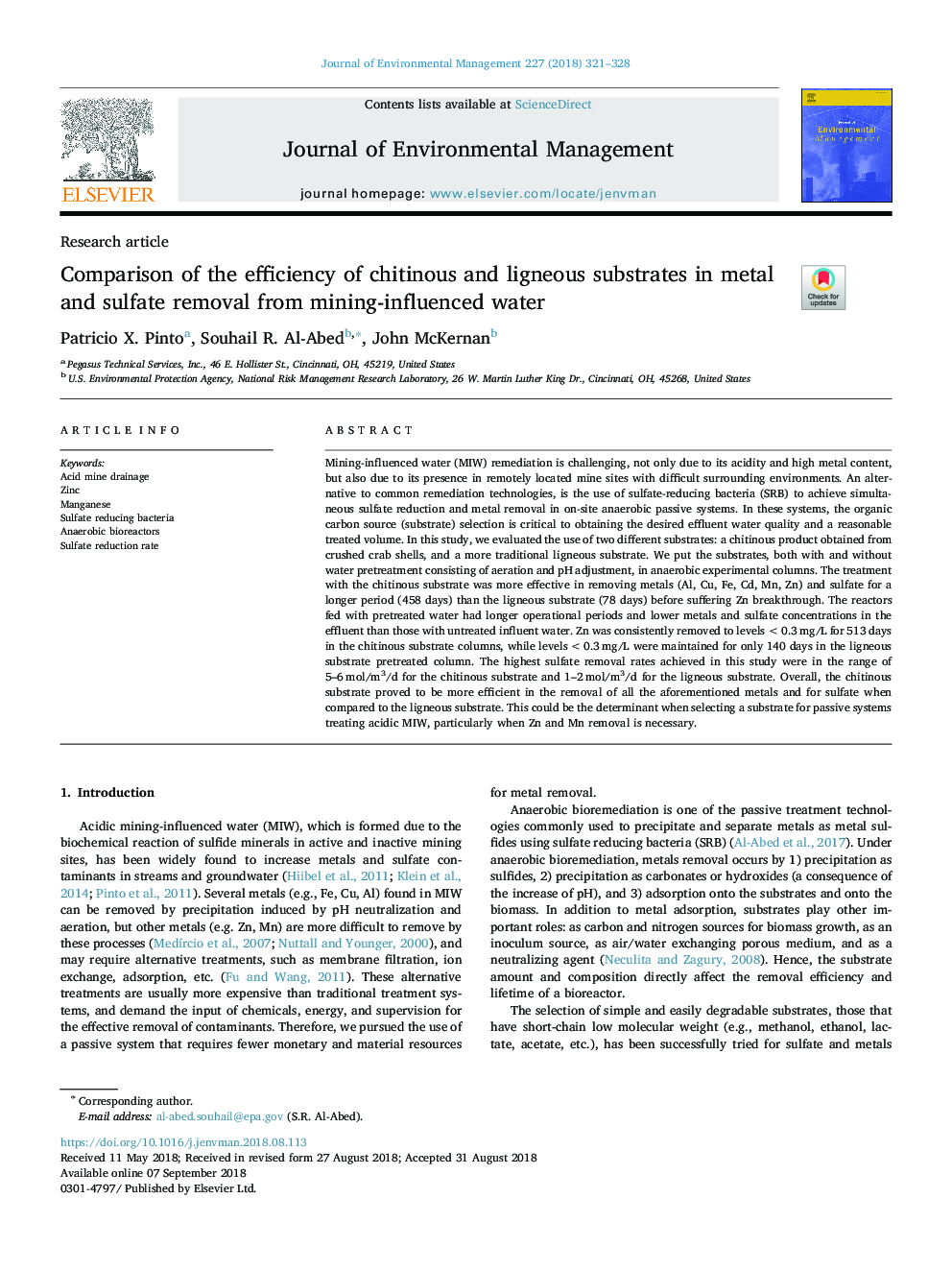 Comparison of the efficiency of chitinous and ligneous substrates in metal and sulfate removal from mining-influenced water