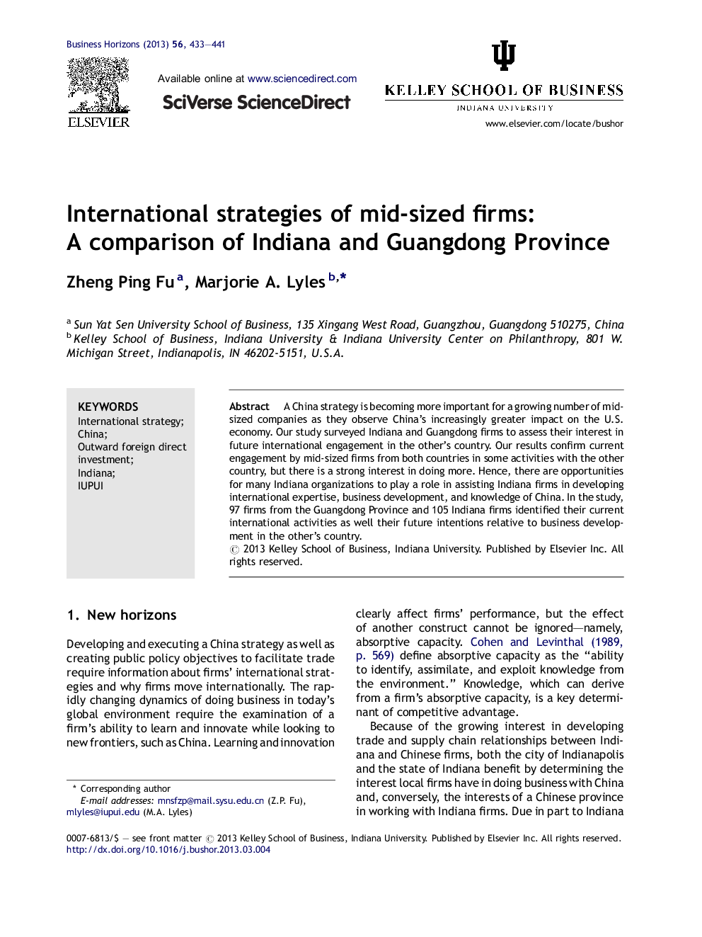 International strategies of mid-sized firms: A comparison of Indiana and Guangdong Province