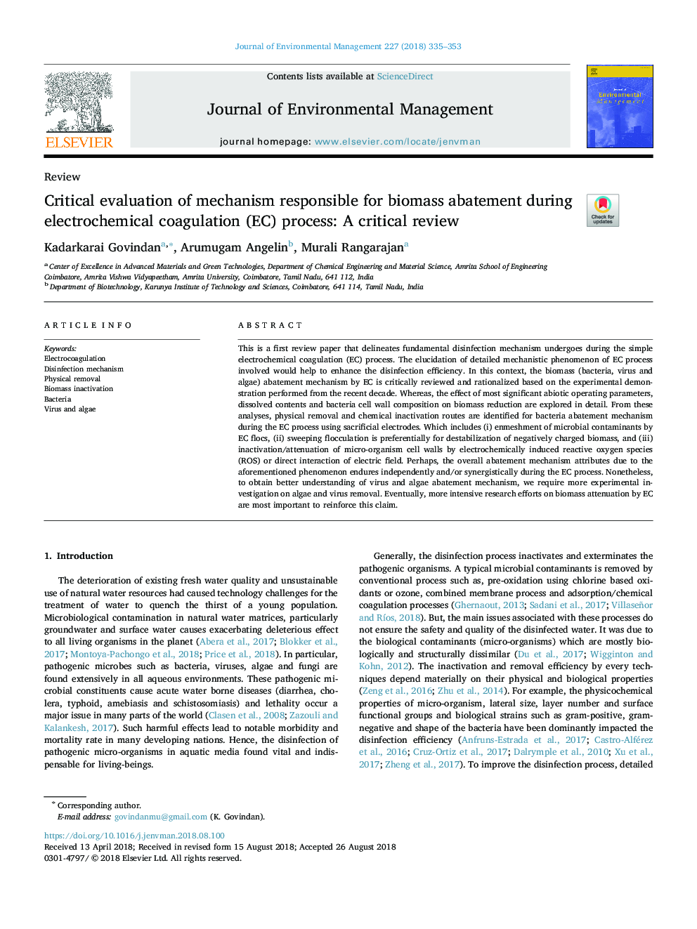 Critical evaluation of mechanism responsible for biomass abatement during electrochemical coagulation (EC) process: A critical review