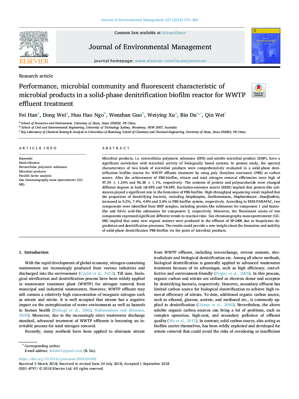 Performance, microbial community and fluorescent characteristic of microbial products in a solid-phase denitrification biofilm reactor for WWTP effluent treatment