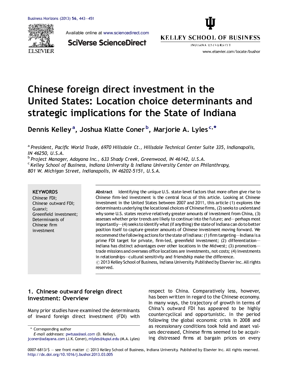 Chinese foreign direct investment in the United States: Location choice determinants and strategic implications for the State of Indiana