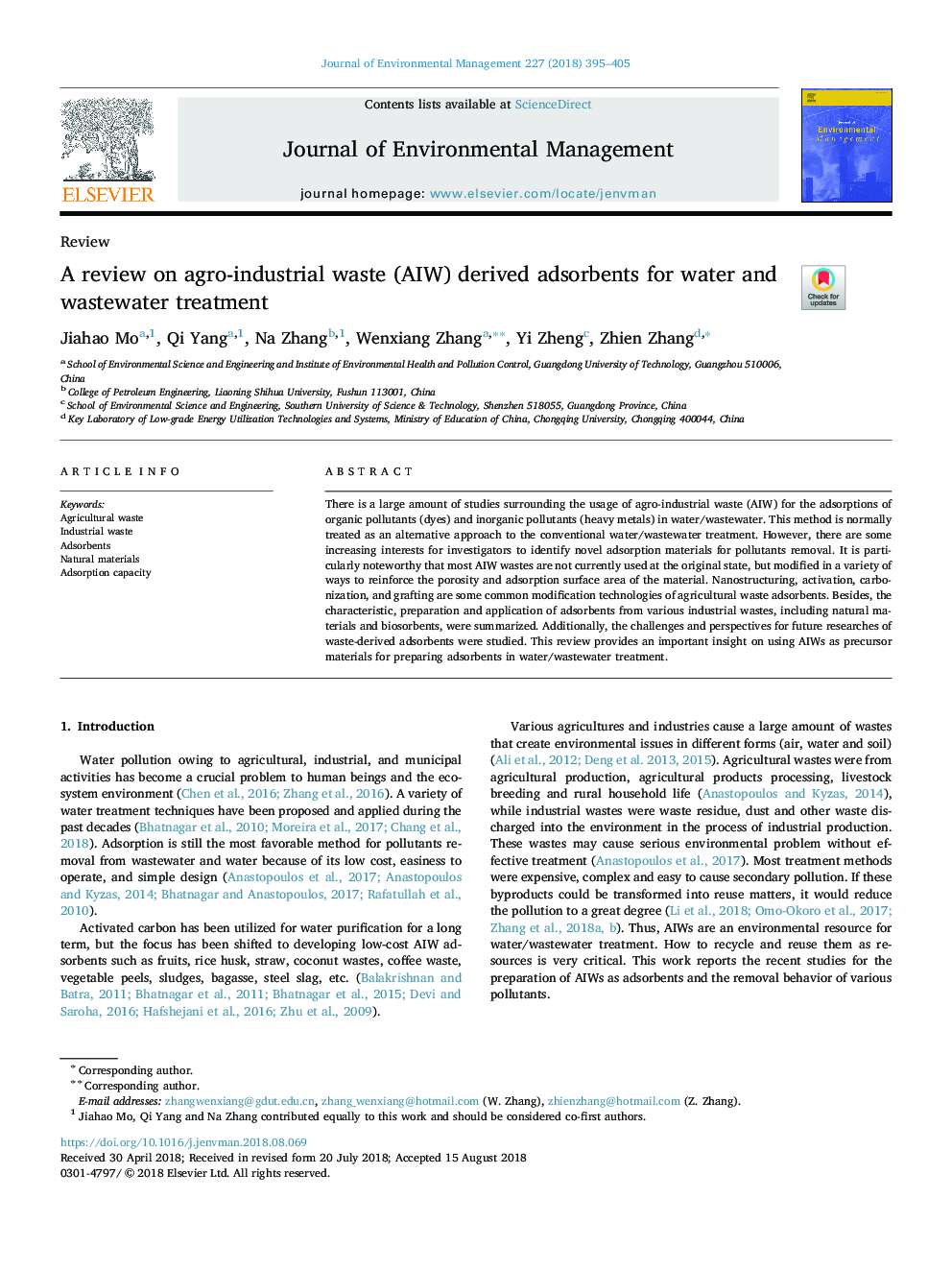 A review on agro-industrial waste (AIW) derived adsorbents for water and wastewater treatment