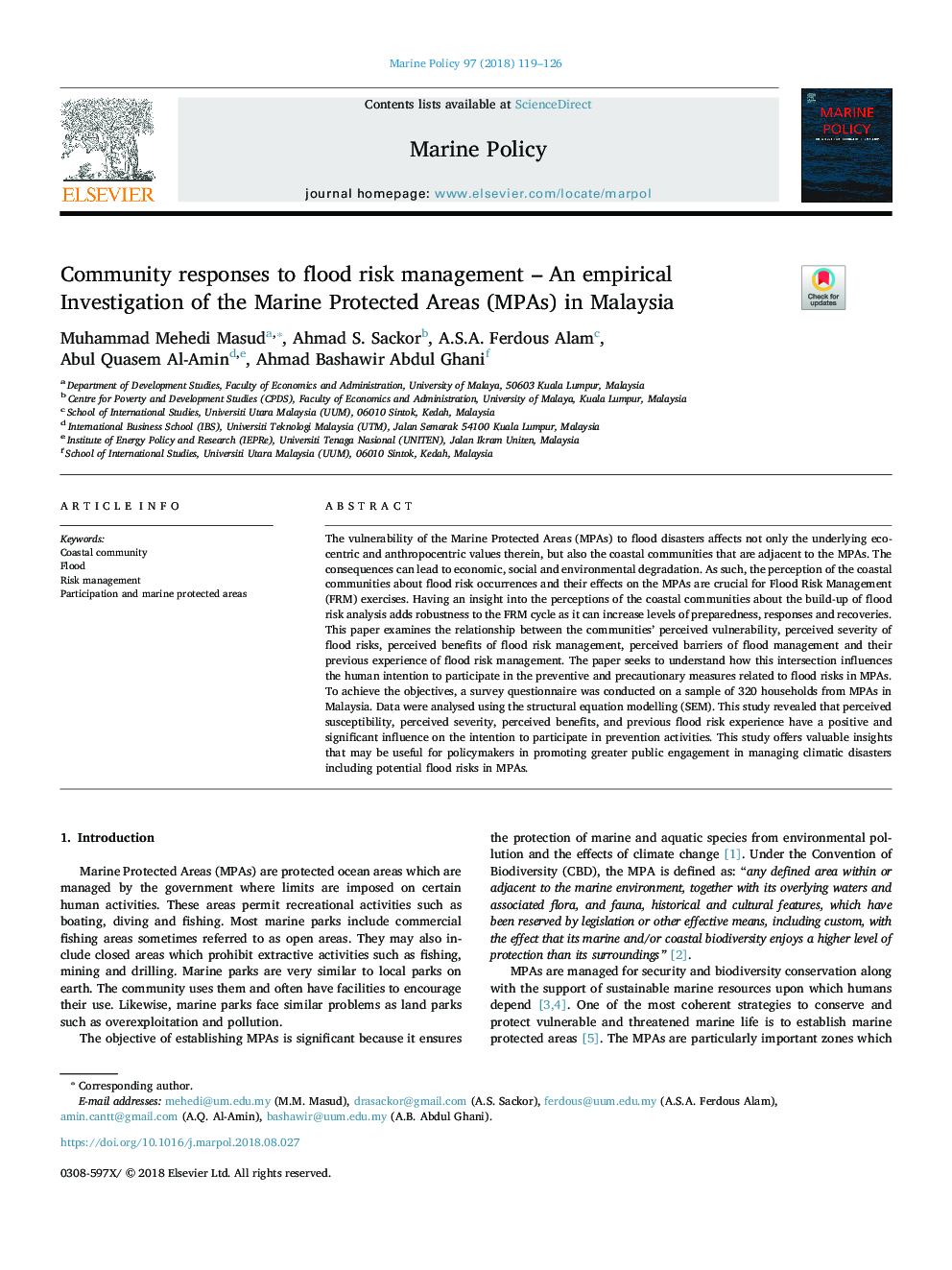 Community responses to flood risk management - An empirical Investigation of the Marine Protected Areas (MPAs) in Malaysia