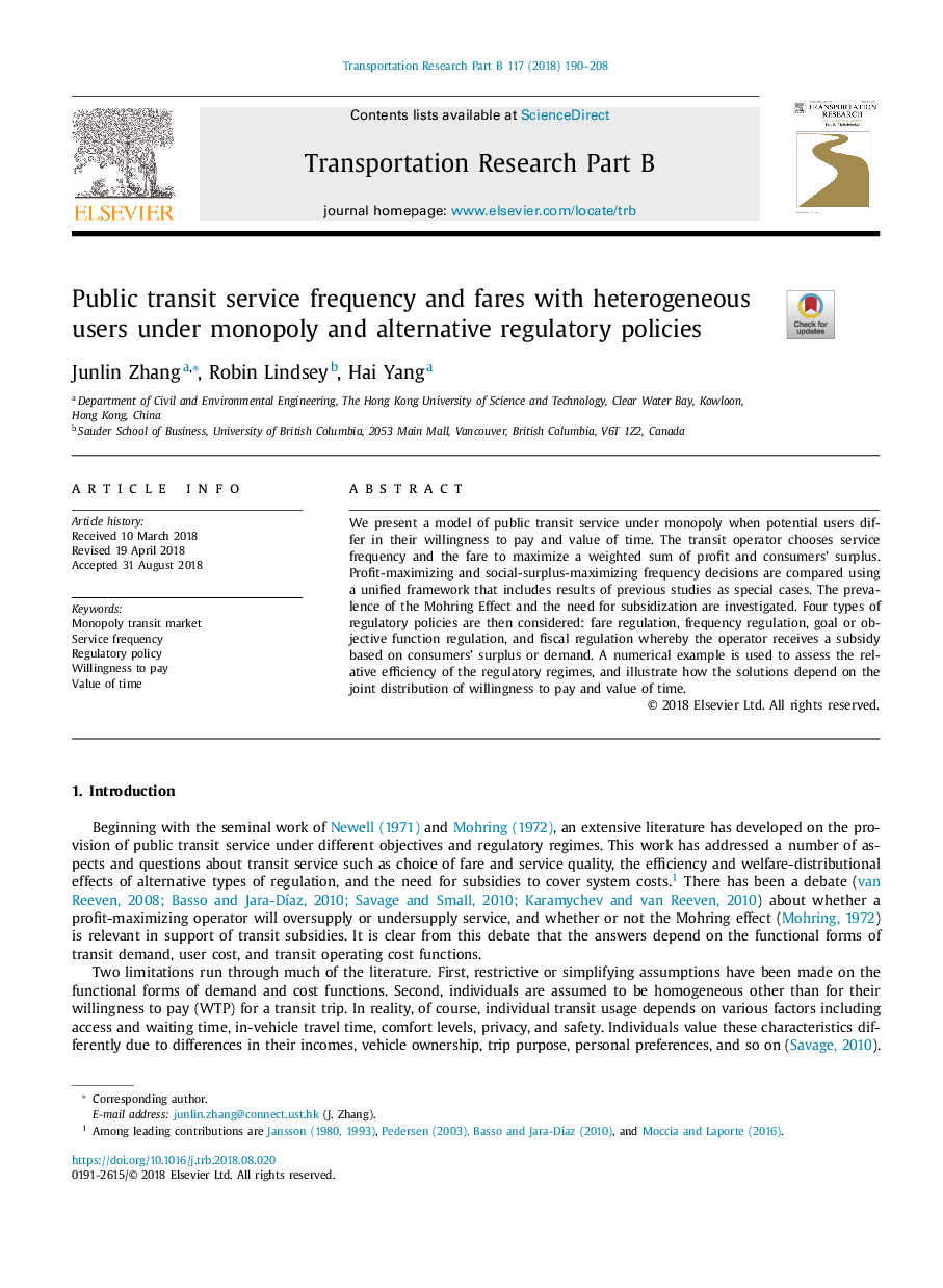 Public transit service frequency and fares with heterogeneous users under monopoly and alternative regulatory policies