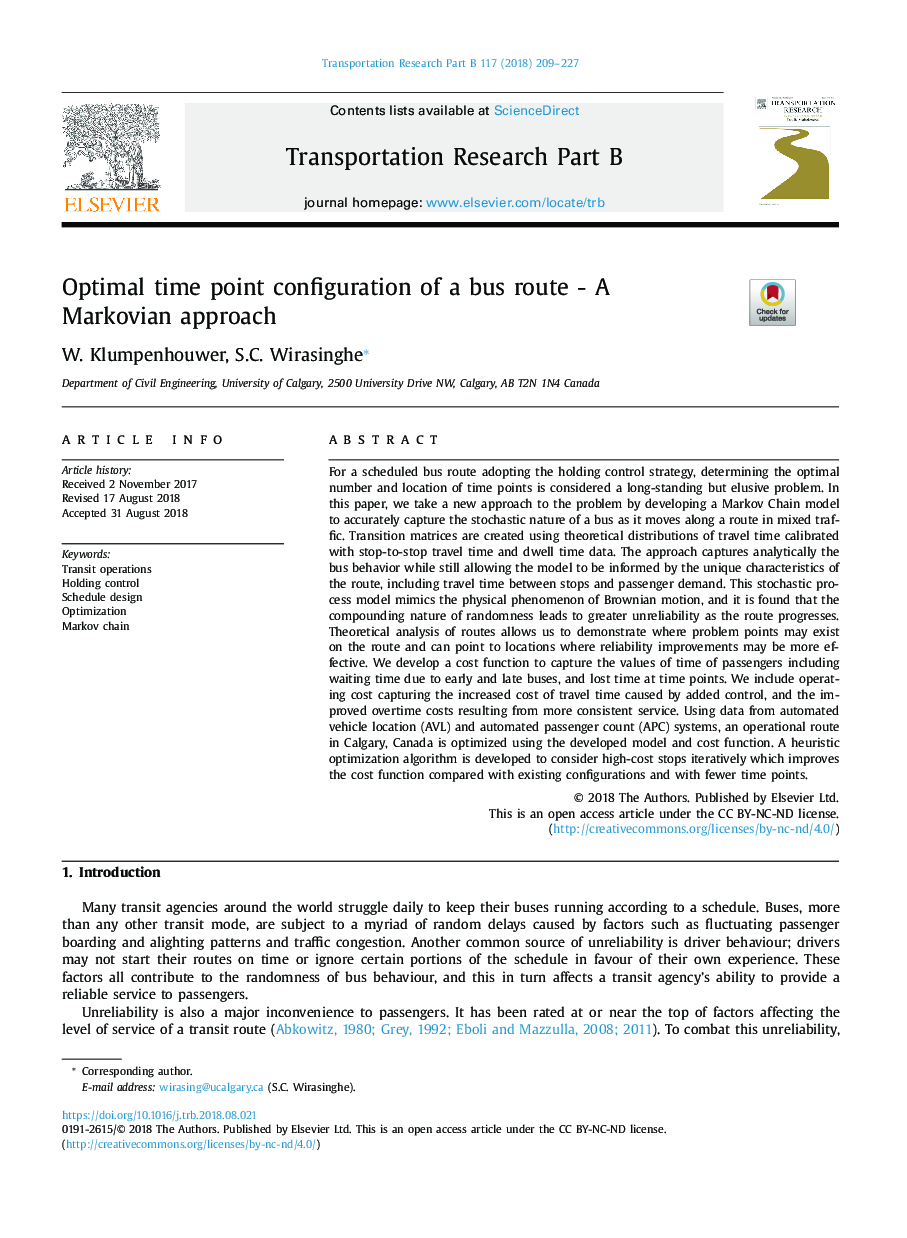 Optimal time point configuration of a bus route - A Markovian approach