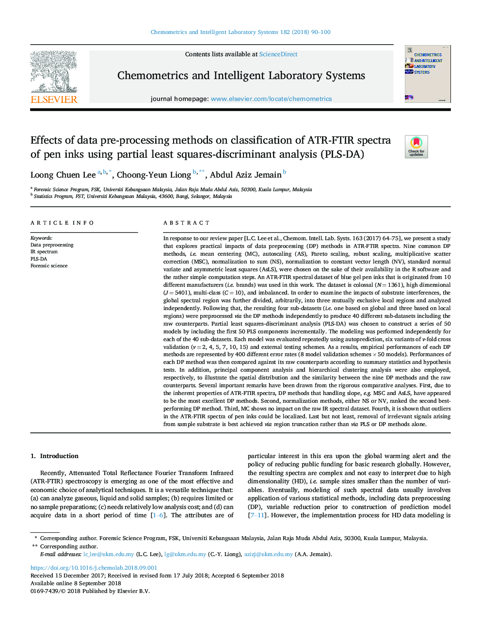 Effects of data pre-processing methods on classification of ATR-FTIR spectra of pen inks using partial least squares-discriminant analysis (PLS-DA)