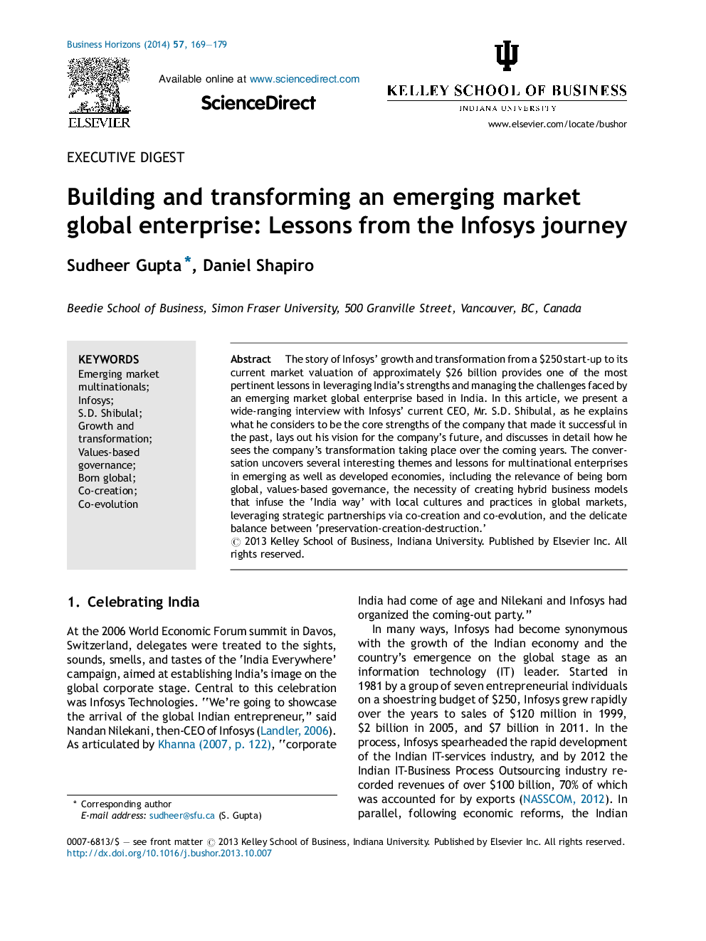 Building and transforming an emerging market global enterprise: Lessons from the Infosys journey