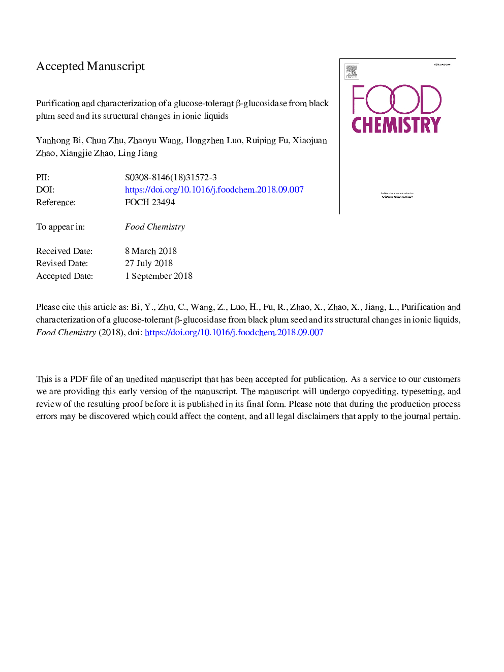 Purification and characterization of a glucose-tolerant Î²-glucosidase from black plum seed and its structural changes in ionic liquids