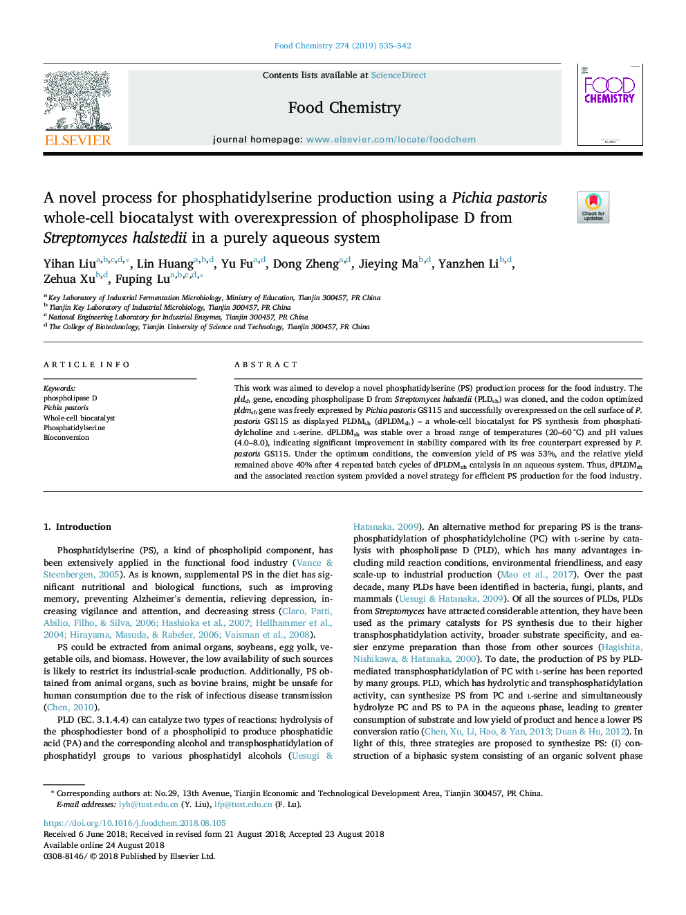 A novel process for phosphatidylserine production using a Pichia pastoris whole-cell biocatalyst with overexpression of phospholipase D from Streptomyces halstedii in a purely aqueous system