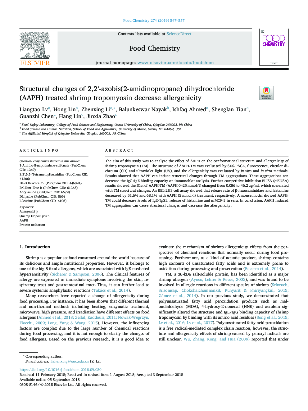 Structural changes of 2,2â²-azobis(2-amidinopropane) dihydrochloride (AAPH) treated shrimp tropomyosin decrease allergenicity