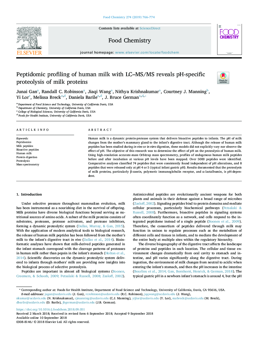 Peptidomic profiling of human milk with LC-MS/MS reveals pH-specific proteolysis of milk proteins