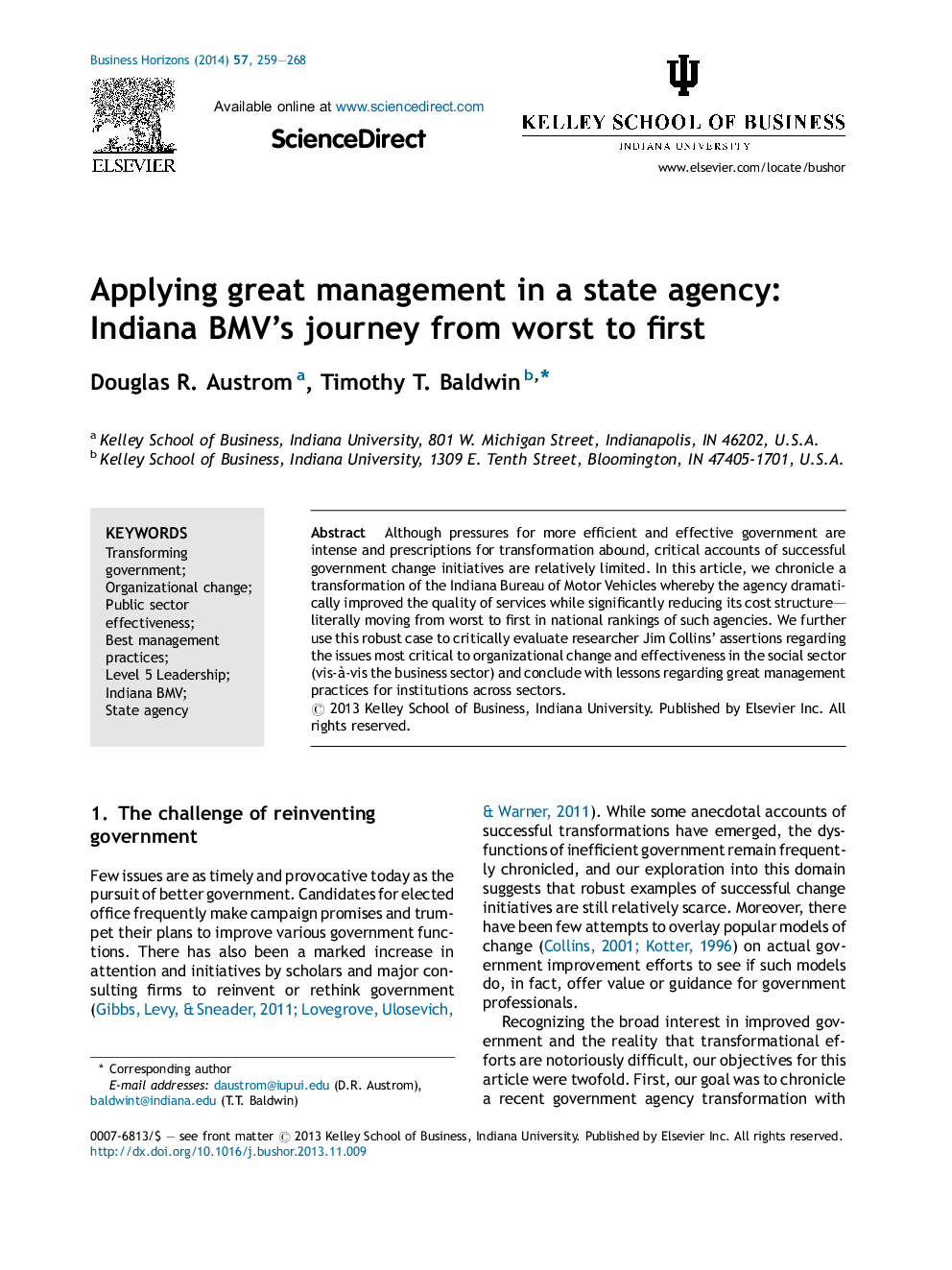 Applying great management in a state agency: Indiana BMV's journey from worst to first