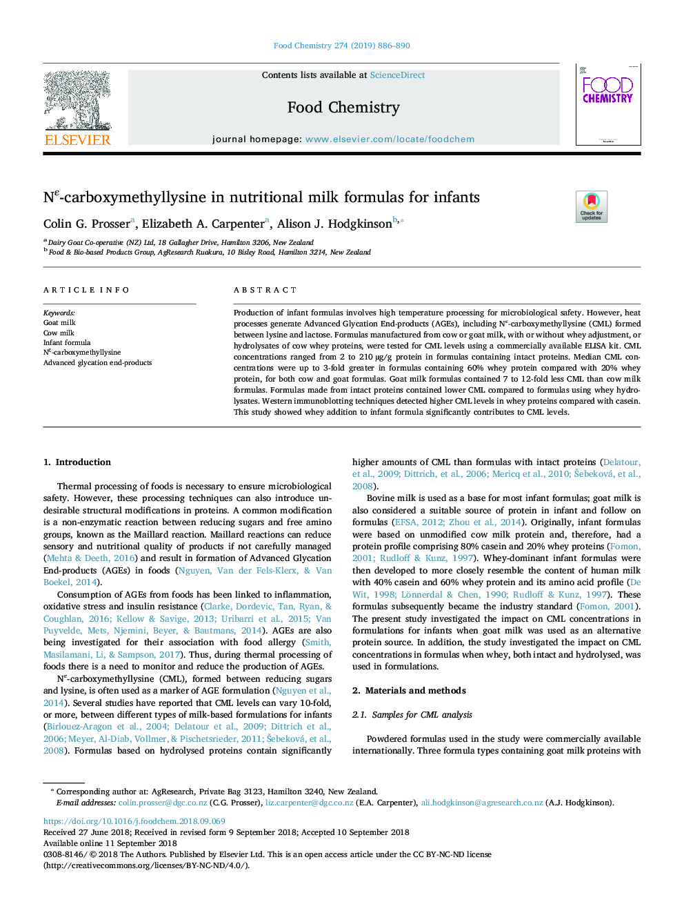 NÎµ-carboxymethyllysine in nutritional milk formulas for infants