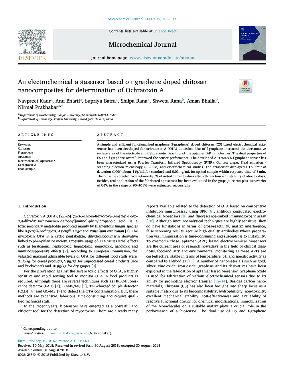 An electrochemical aptasensor based on graphene doped chitosan nanocomposites for determination of Ochratoxin A