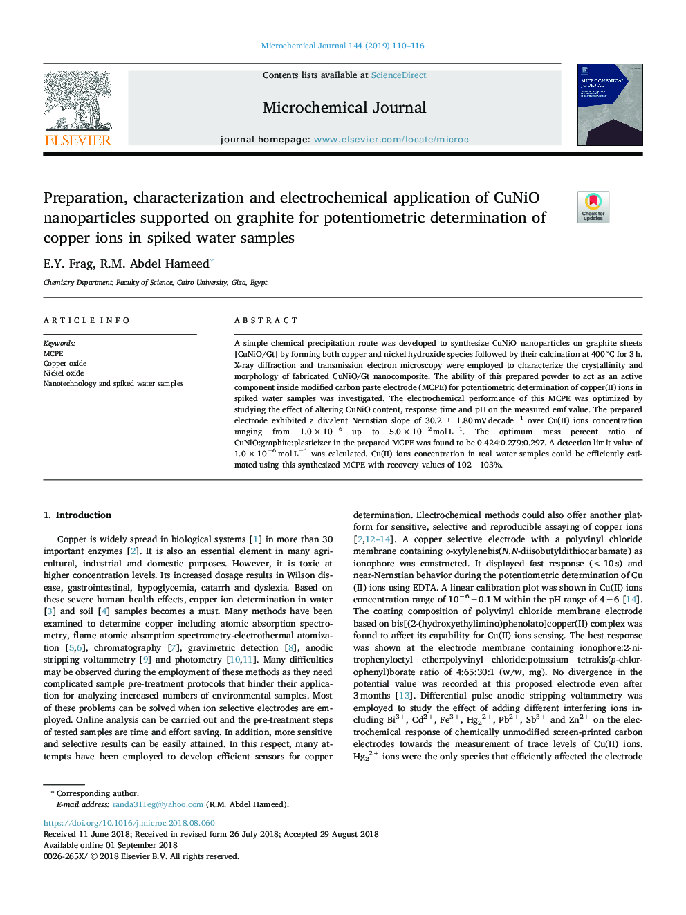 Preparation, characterization and electrochemical application of CuNiO nanoparticles supported on graphite for potentiometric determination of copper ions in spiked water samples