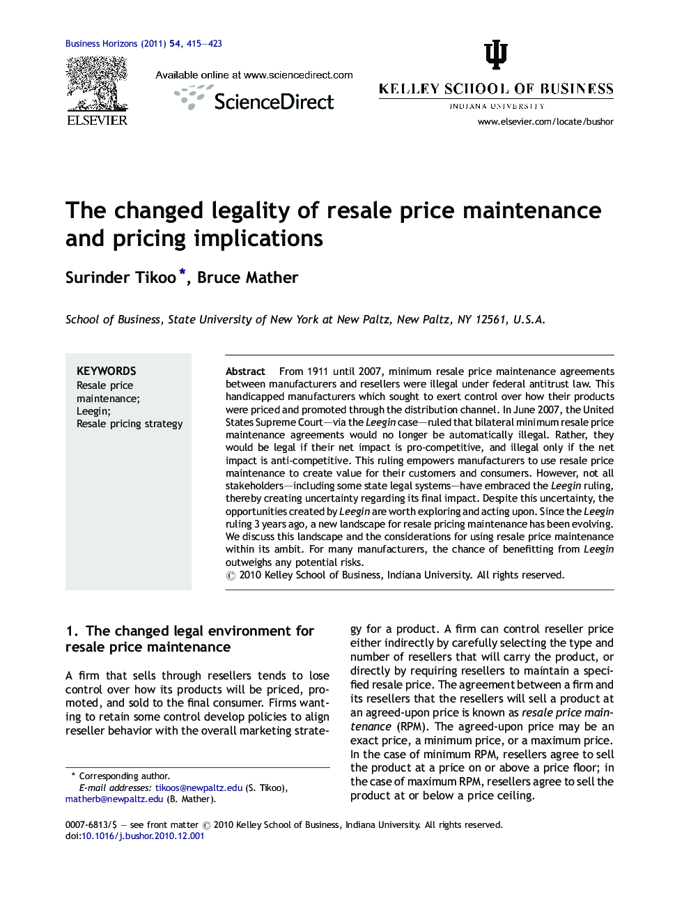 The changed legality of resale price maintenance and pricing implications