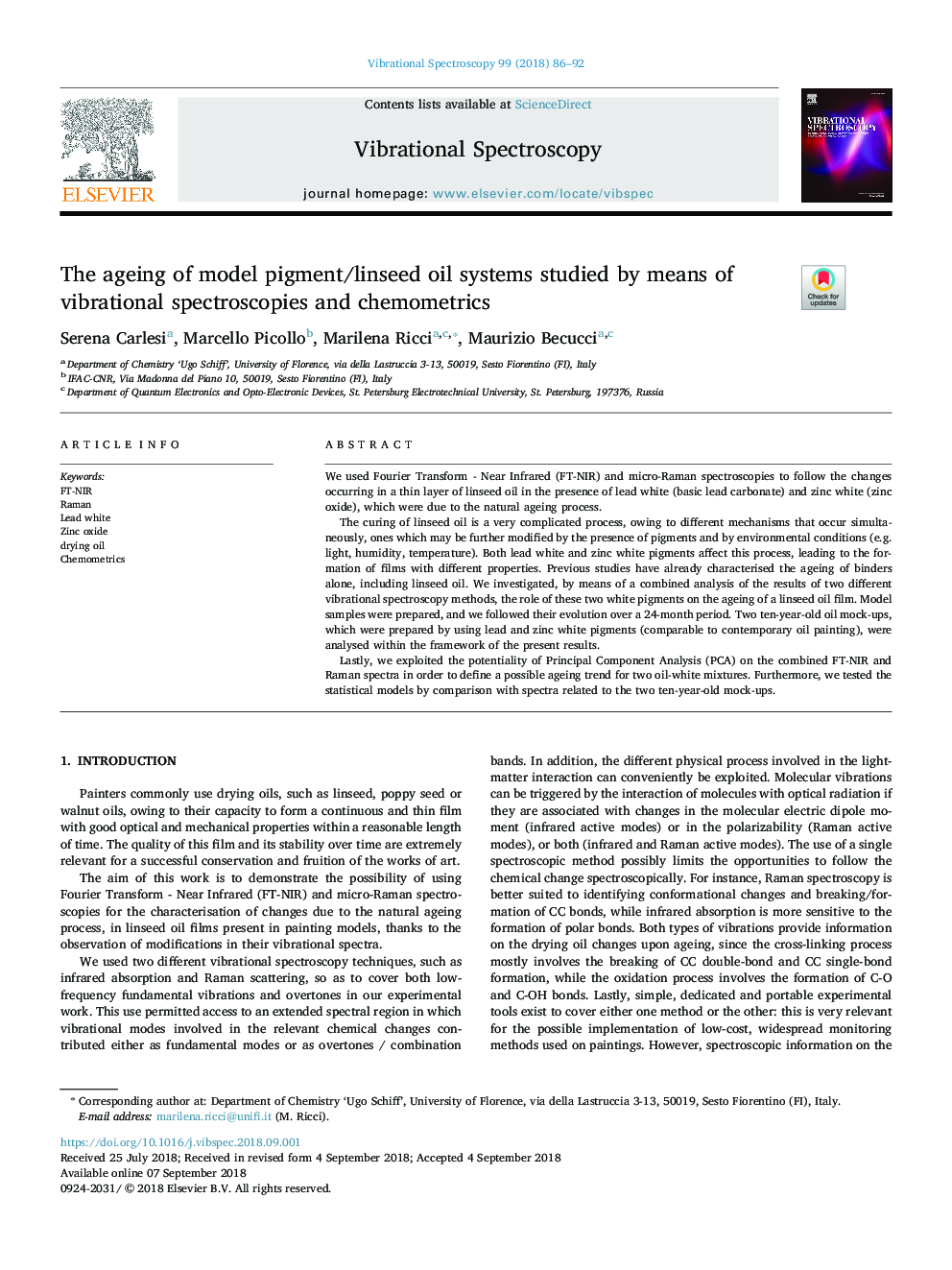 The ageing of model pigment/linseed oil systems studied by means of vibrational spectroscopies and chemometrics