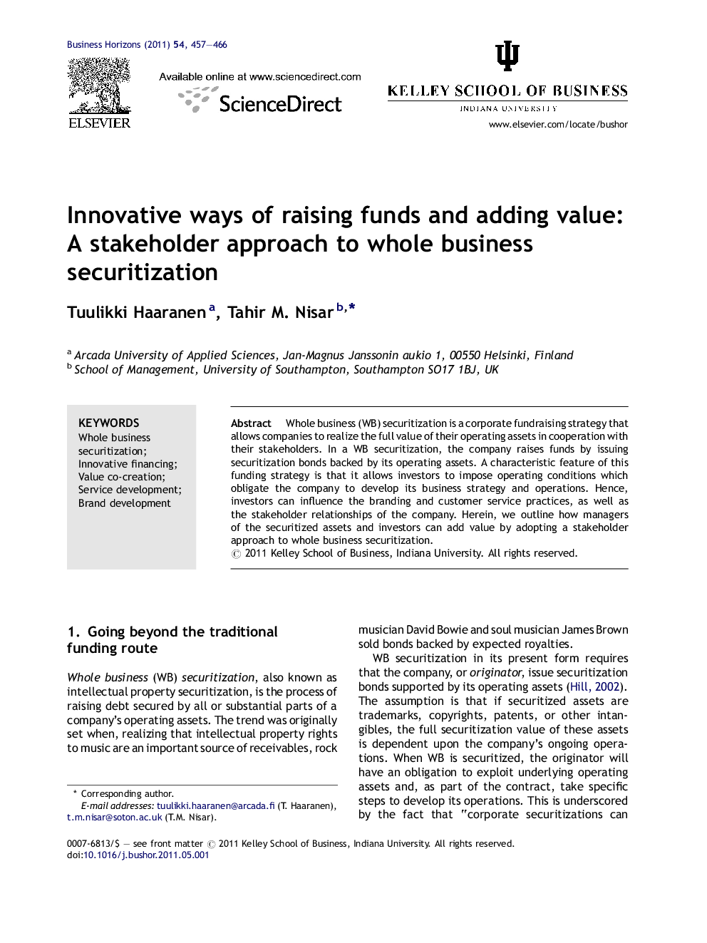 Innovative ways of raising funds and adding value: A stakeholder approach to whole business securitization