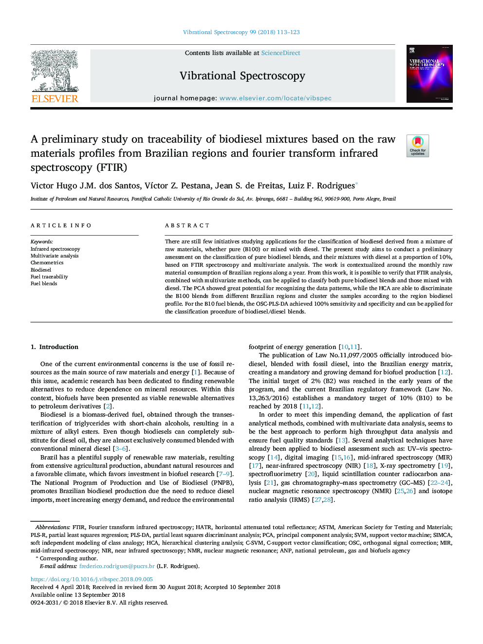 A preliminary study on traceability of biodiesel mixtures based on the raw materials profiles from Brazilian regions and fourier transform infrared spectroscopy (FTIR)