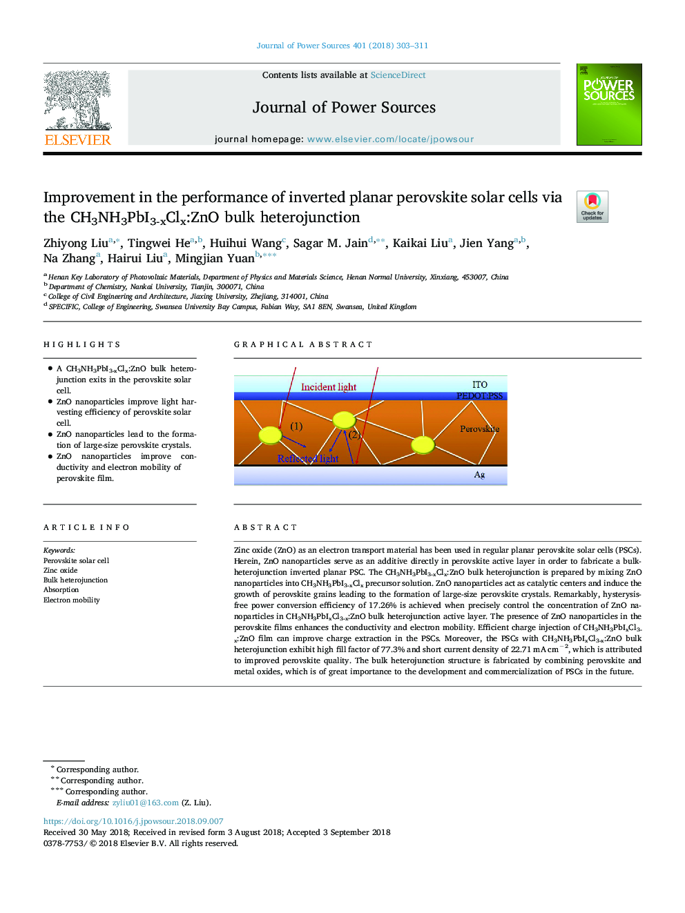 Improvement in the performance of inverted planar perovskite solar cells via the CH3NH3PbI3-xClx:ZnO bulk heterojunction