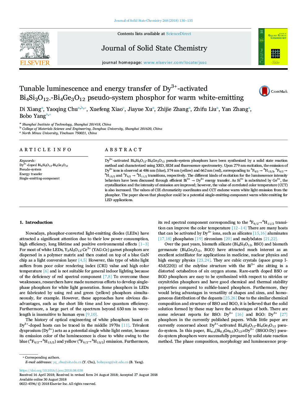 عکس صفحه اول مقاله: Tunable luminescence and energy transfer of Dy3+-activated Bi4Si3O12--Bi4Ge3O12 pseudo-system phosphor for warm white-emitting Tunable luminescence and energy transfer of Dy3+-activated Bi4Si3O12--Bi4Ge3O12 pseudo-system phosphor for warm white-emitting