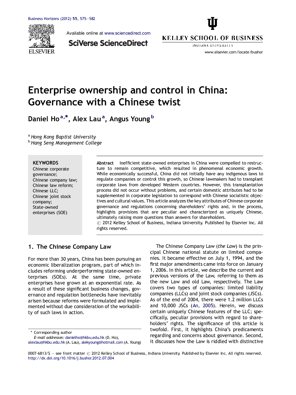 Enterprise ownership and control in China: Governance with a Chinese twist