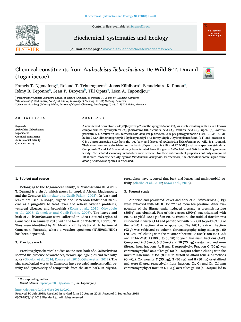 Chemical constituents from Anthocleista liebrechtsiana De Wild & T. Durand (Loganiaceae)