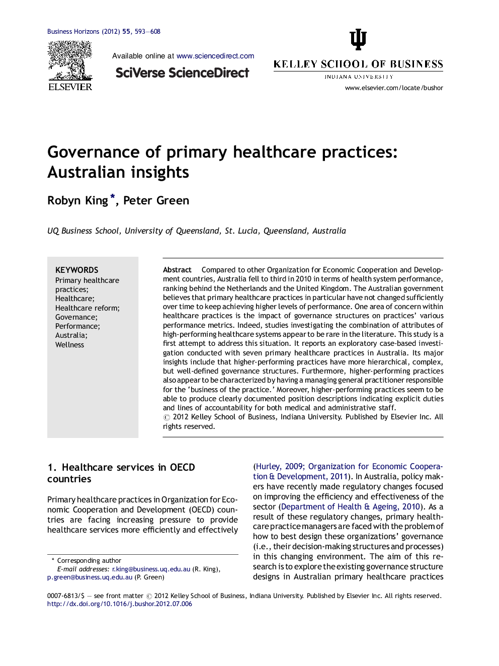 Governance of primary healthcare practices: Australian insights