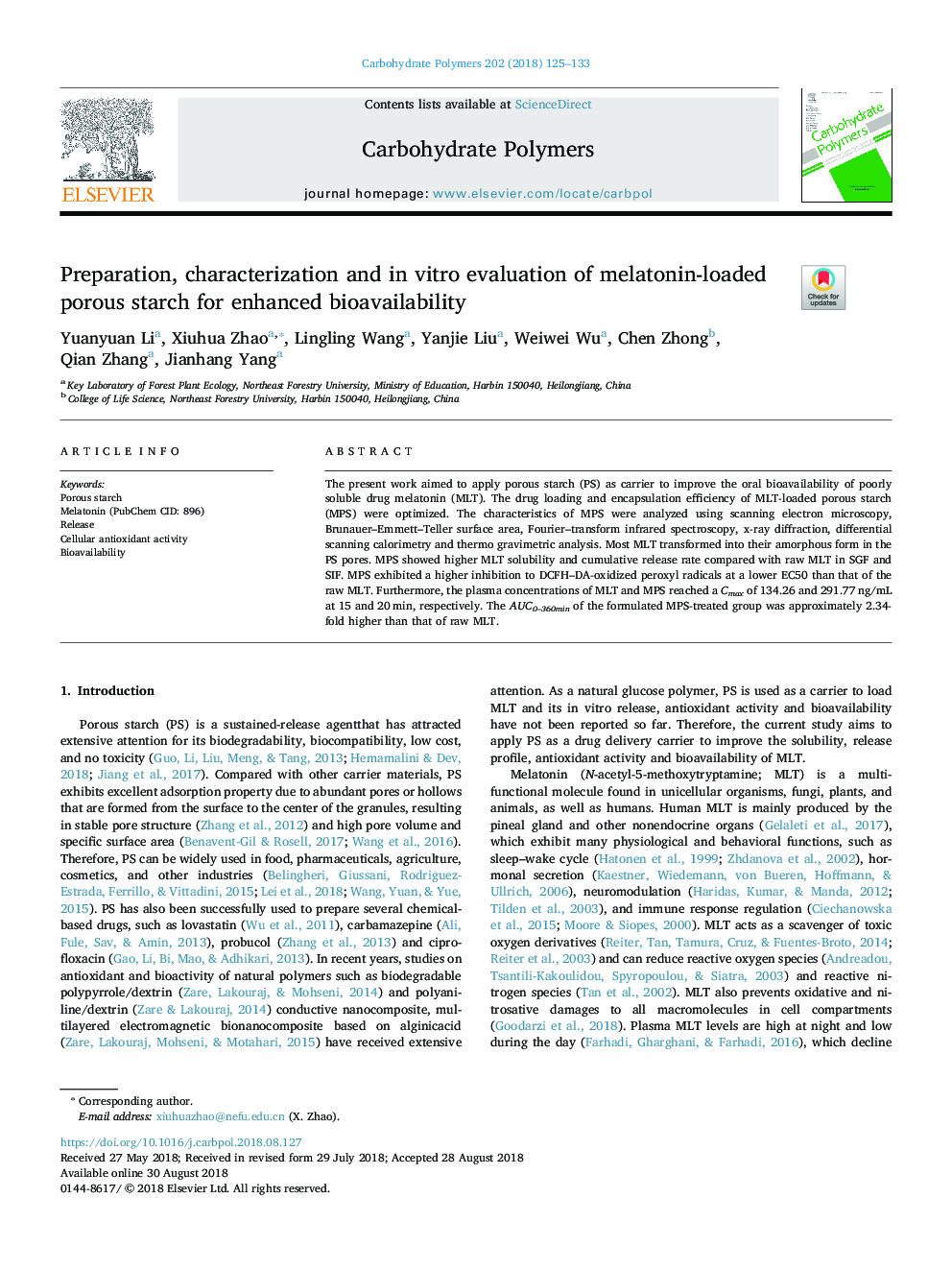 Preparation, characterization and in vitro evaluation of melatonin-loaded porous starch for enhanced bioavailability