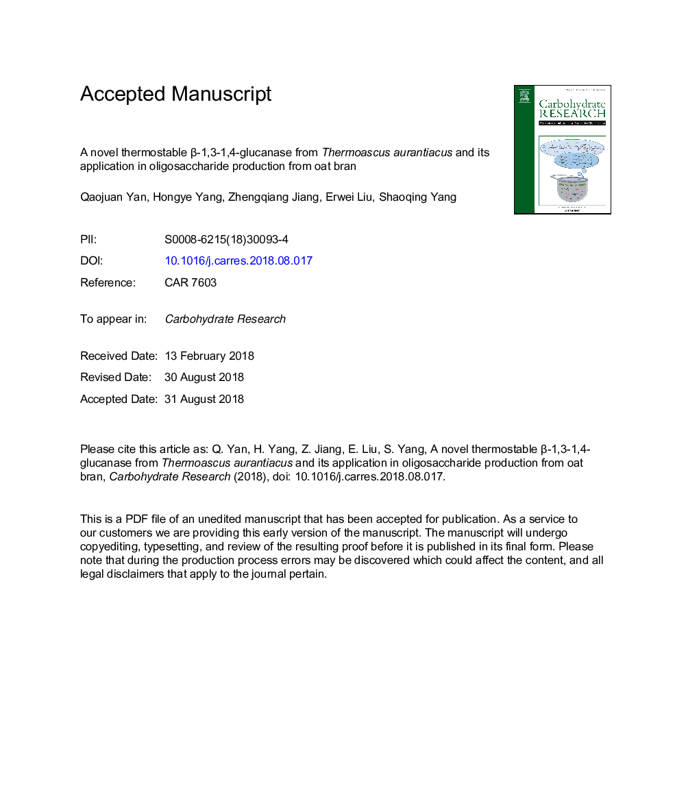 A novel thermostable Î²-1,3-1,4-glucanase from Thermoascus aurantiacus and its application in oligosaccharide production from oat bran