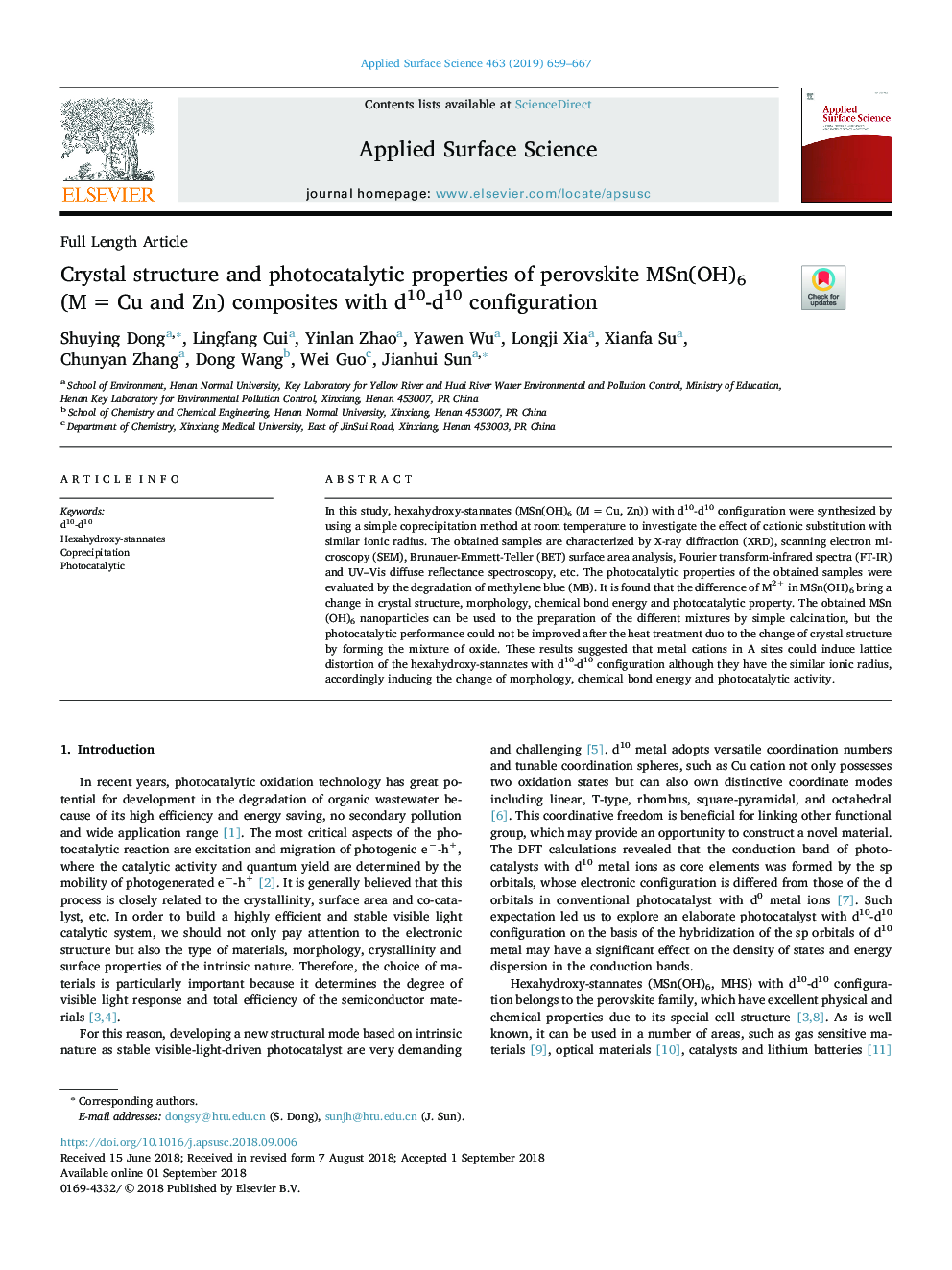 Crystal structure and photocatalytic properties of perovskite MSn(OH)6 (Mâ¯=â¯Cu and Zn) composites with d10-d10 configuration