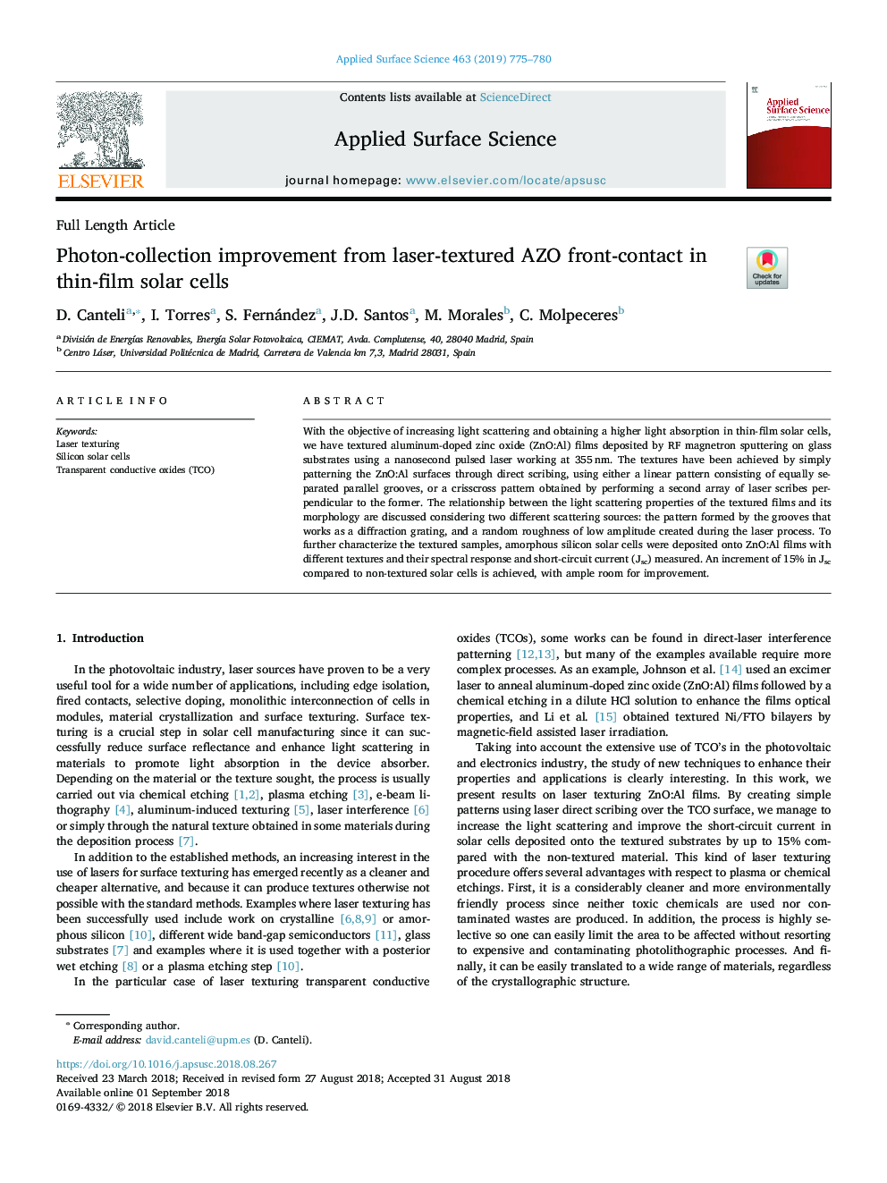 عکس صفحه اول مقاله: Photon-collection improvement from laser-textured AZO front-contact in thin-film solar cells Photon-collection improvement from laser-textured AZO front-contact in thin-film solar cells