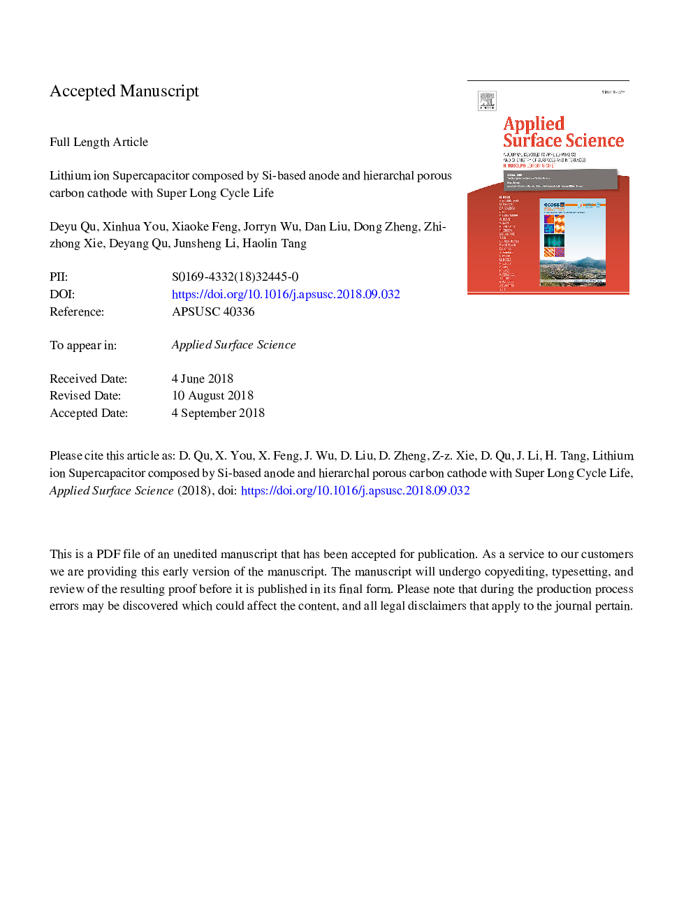 Lithium ion supercapacitor composed by Si-based anode and hierarchal porous carbon cathode with super long cycle life