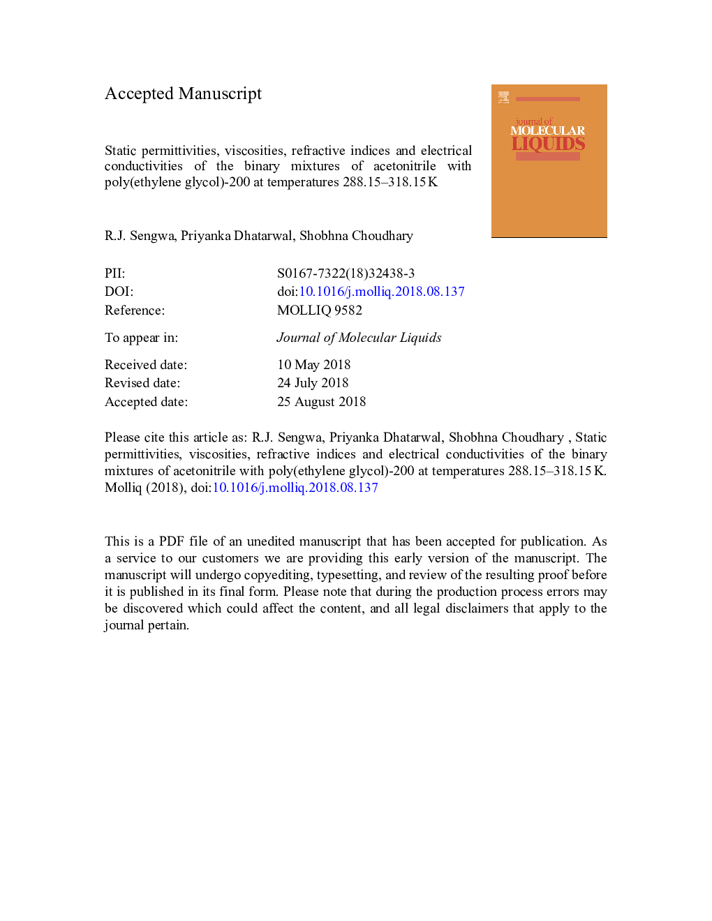 Static permittivities, viscosities, refractive indices and electrical conductivities of the binary mixtures of acetonitrile with poly(ethylene glycol)-200 at temperatures 288.15-318.15â¯K