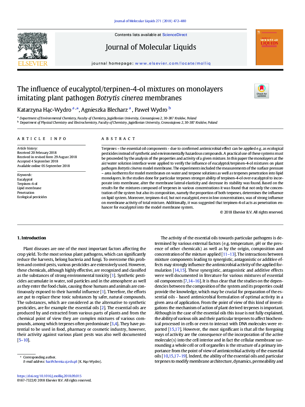 The influence of eucalyptol/terpinen-4-ol mixtures on monolayers imitating plant pathogen Botrytis cinerea membranes