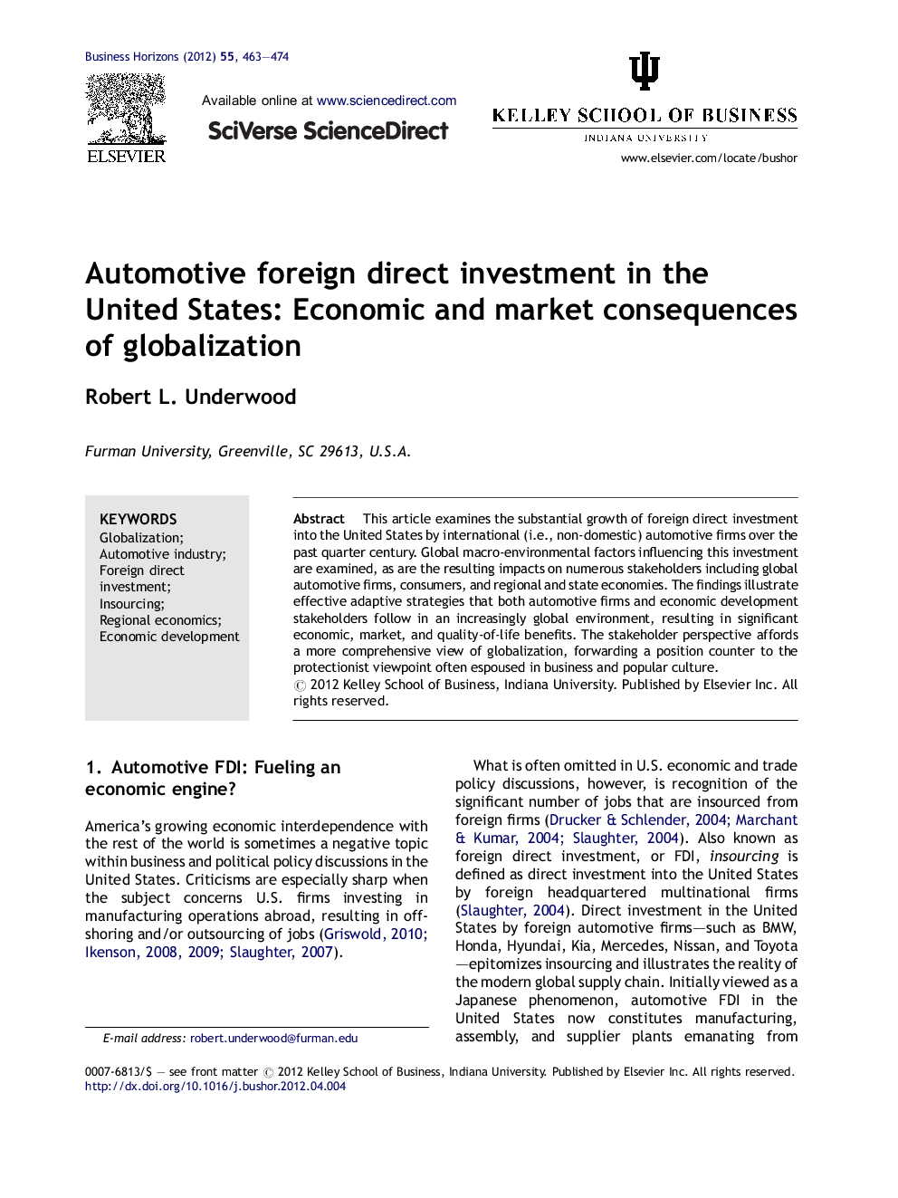 Automotive foreign direct investment in the United States: Economic and market consequences of globalization