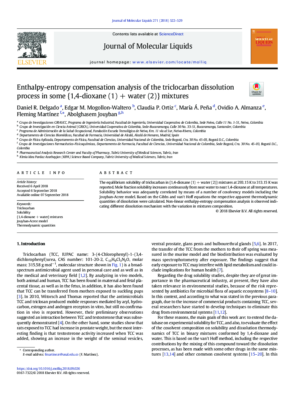 Enthalpy-entropy compensation analysis of the triclocarban dissolution process in some {1,4-dioxane (1)â¯+â¯water (2)} mixtures