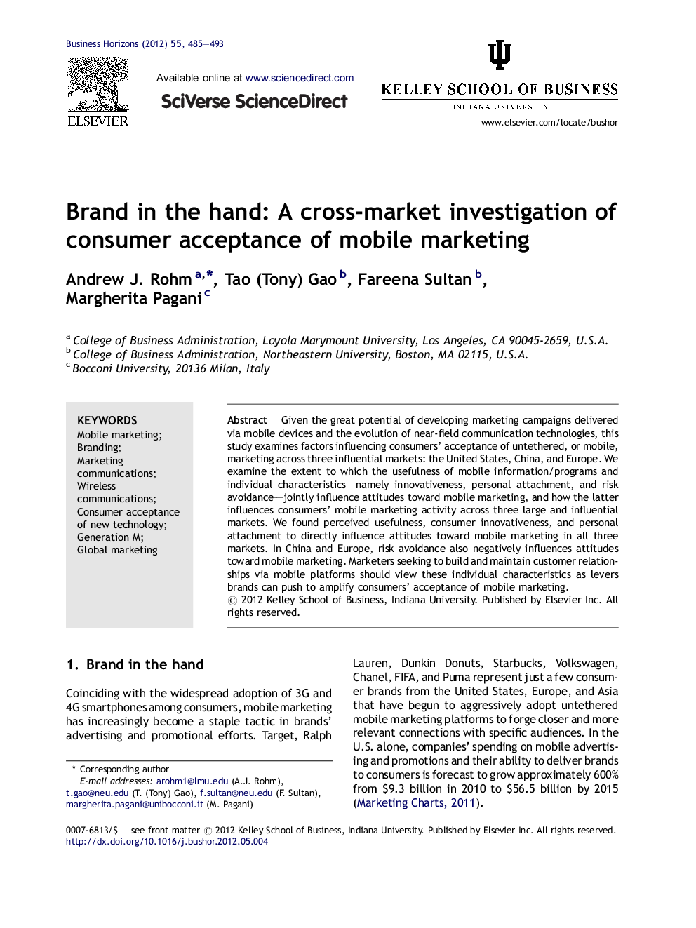 Brand in the hand: A cross-market investigation of consumer acceptance of mobile marketing