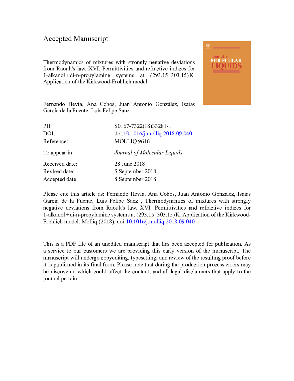 Thermodynamics of mixtures with strongly negative deviations from Raoult's law. XVI. Permittivities and refractive indices for 1-alkanolâ¯+â¯di-n-propylamine systems at (293.15-303.15)â¯K. Application of the Kirkwood-Fröhlich model