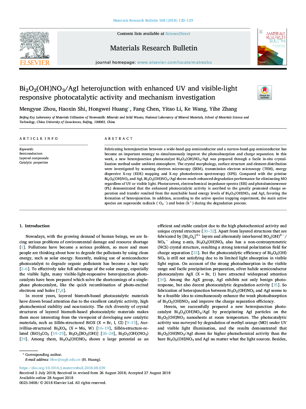 Bi2O2(OH)NO3/AgI heterojunction with enhanced UV and visible-light responsive photocatalytic activity and mechanism investigation