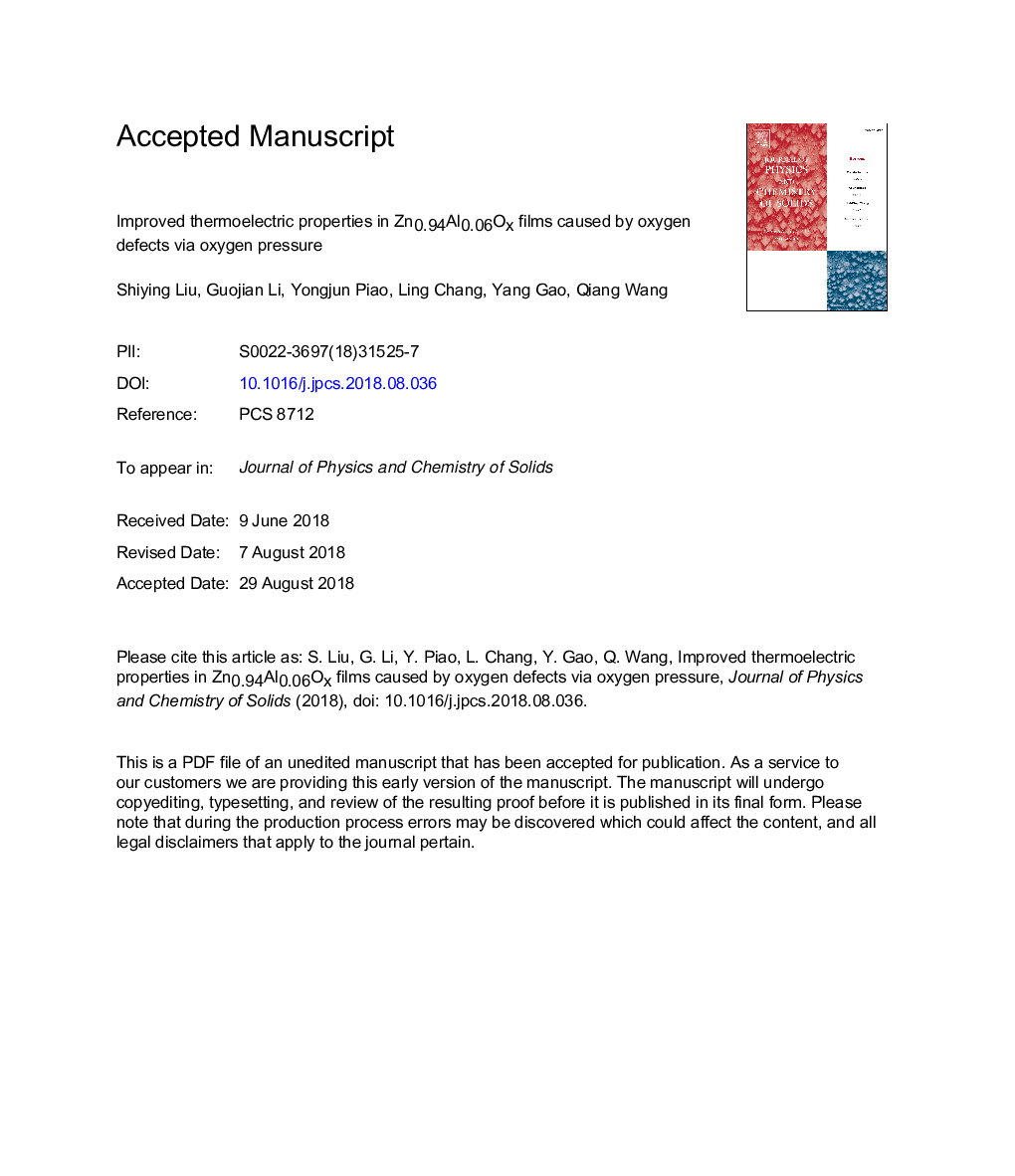 Improved thermoelectric properties in Zn0.94Al0.06Ox films caused by oxygen defects via oxygen pressure