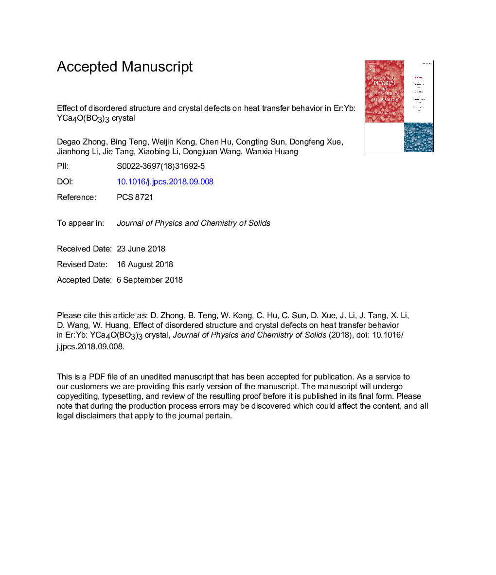 Effect of disordered structure and crystal defects on heat transfer behavior in Er:Yb: YCa4O(BO3)3 crystal