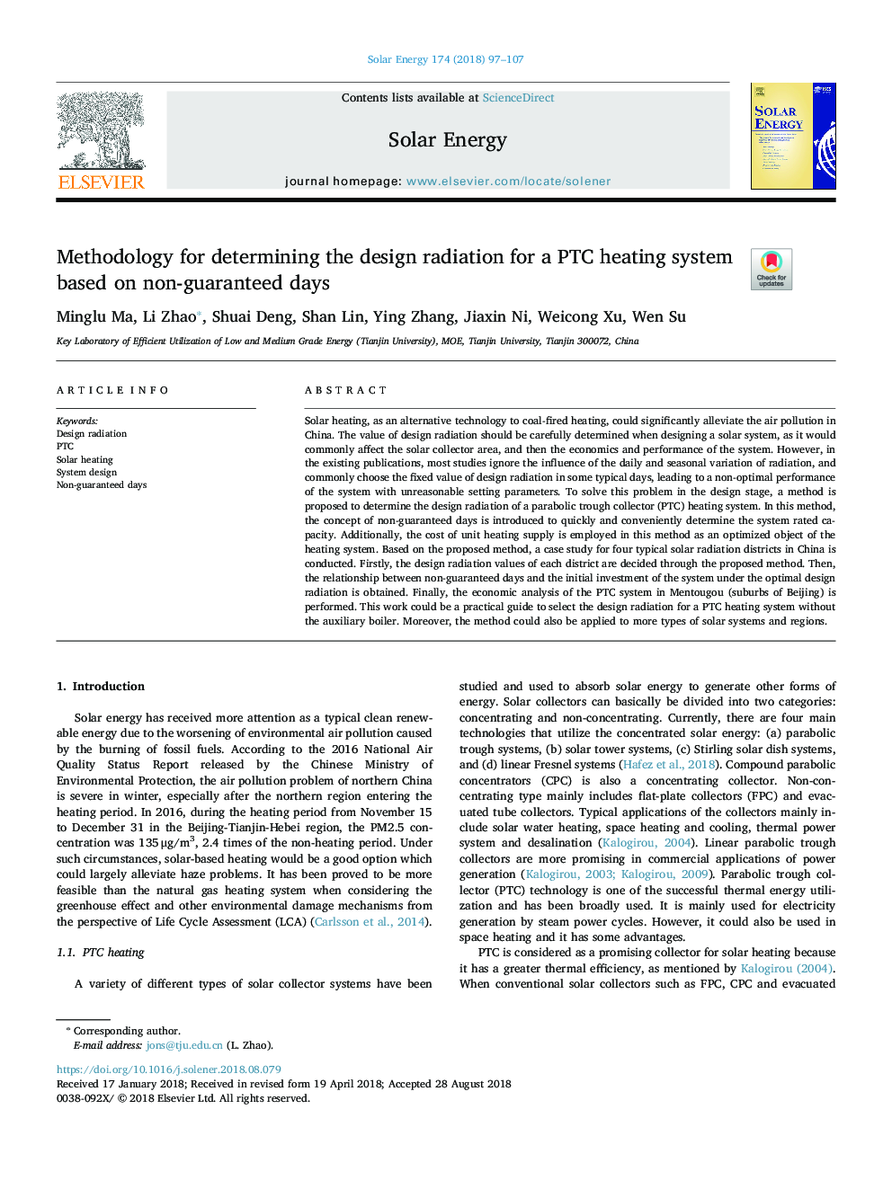 Methodology for determining the design radiation for a PTC heating system based on non-guaranteed days