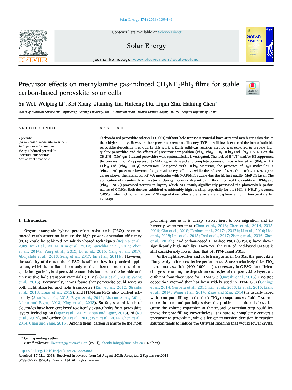 Precursor effects on methylamine gas-induced CH3NH3PbI3 films for stable carbon-based perovskite solar cells