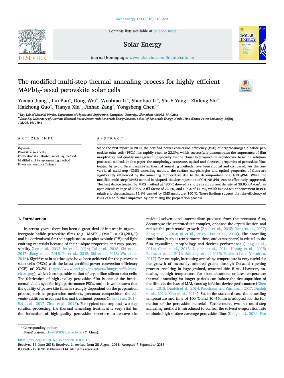 The modified multi-step thermal annealing process for highly efficient MAPbI3-based perovskite solar cells