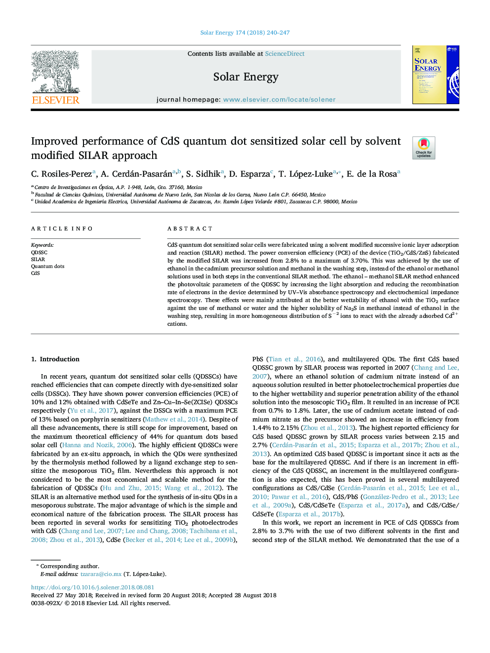 Improved performance of CdS quantum dot sensitized solar cell by solvent modified SILAR approach