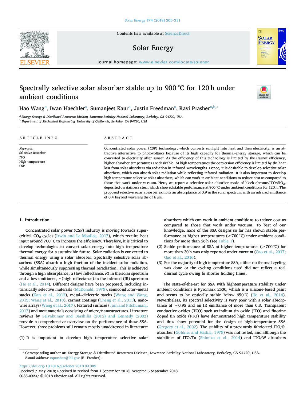 Spectrally selective solar absorber stable up to 900â¯Â°C for 120â¯h under ambient conditions